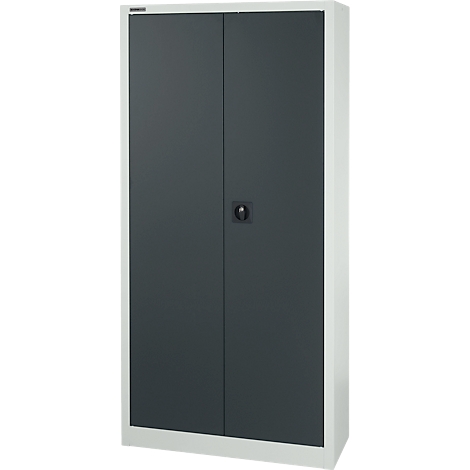 A white and gray steel cabinet with two doors. A black handle and a name above the doors.