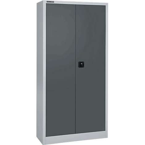 Gray steel cabinet with double doors and black handle.