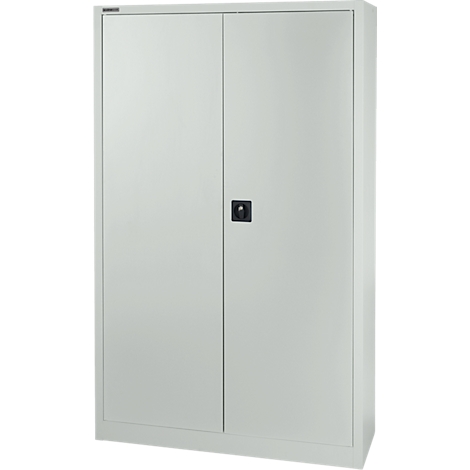 Grey steel cabinet with two doors. A black handle in the middle. Above the door a narrow, dark strip.