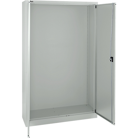 An open, grey file cabinet; the left door is closed.