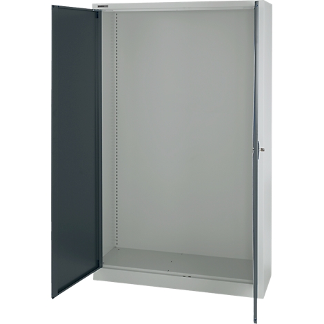 A white office cabinet with open doors. The left door is dark gray, the right one is slightly open.