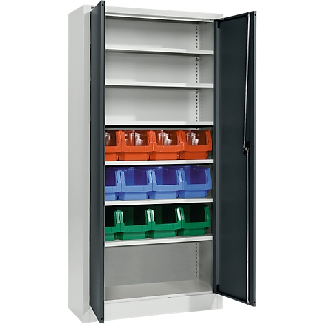 Open metal cabinet with shelves filled with colored sorting bins. The left door is open.