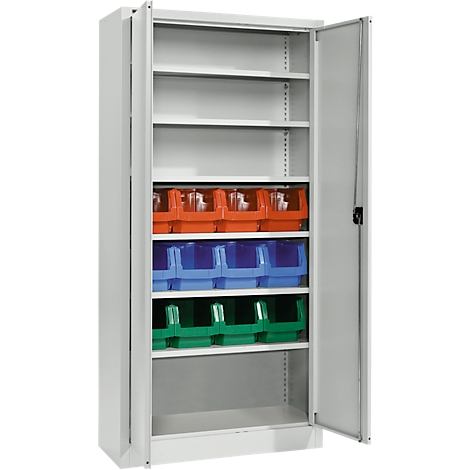 Gray metal cabinet, open door. Inside, blue, green, and orange containers on various shelves.