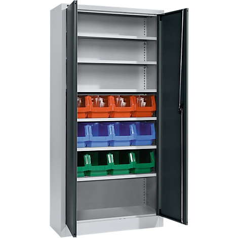 Cabinet with open doors filled with shelves and colorful storage boxes.