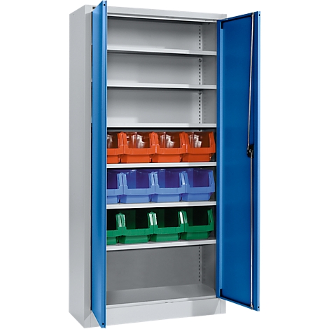 An open steel cabinet with blue doors, shelves, and colorful storage bins, orange, blue, and green.
