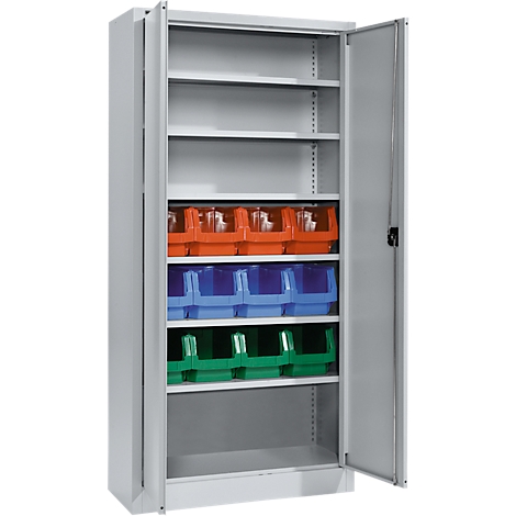 Gray steel cabinet with open doors, filled with colorful storage boxes.