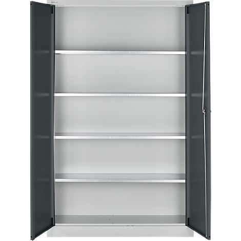An open grey filing cabinet with multiple empty shelves. The doors are open.