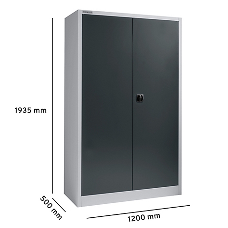 Grey steel cabinet with two doors, a handle and dimensional information.