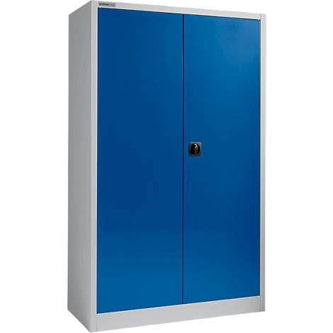 Blue filing cabinet with grey frame, black handle and double doors.
