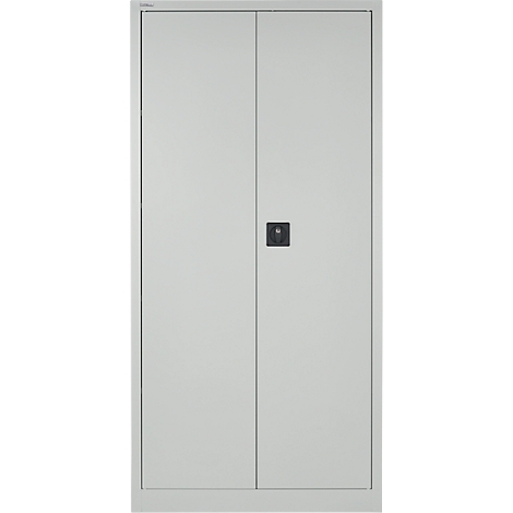 Gray steel cabinet with two doors and a black handle in the middle.