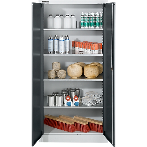 Open cabinet with many different items: bottles, rolls, brushes, etc.