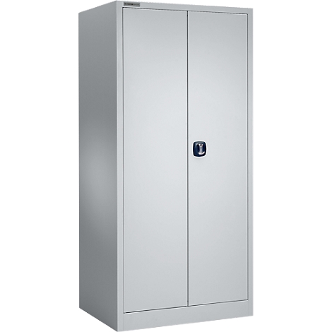 Grey filing cabinet with two doors and a handle in the middle.
