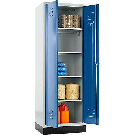 Blue and white cabinet with open doors, filled with various items such as rolls, ropes and an orange canister.