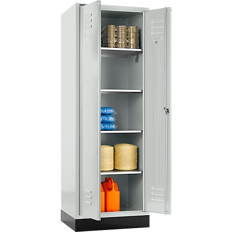 Grey steel cabinet with open doors. It has shelves with various items, including spools of thread and canisters.