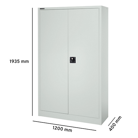 Hellgrauer Aktenschrank mit zwei Türen, schwarzem Griff und Maßangaben.