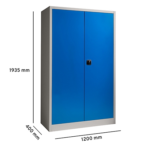 Blauer Stahlschrank mit zwei Türen, silbernem Rahmen und einem schwarzen Griff. Maße: 1935 x 1200 x 400 mm.