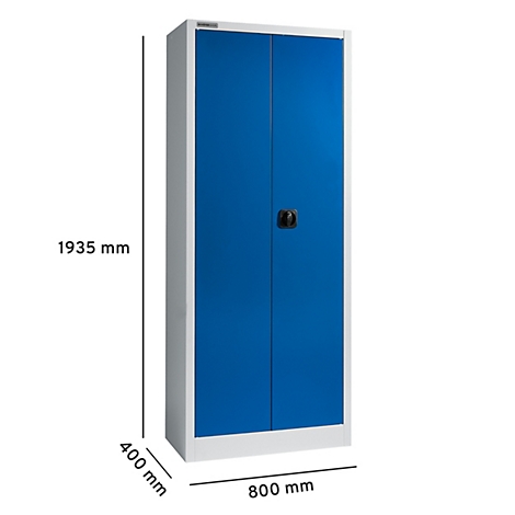 Ein blauer Metallschrank mit zwei Türen, Maße sind angegeben. Der Schrank steht vor weißem Hintergrund.