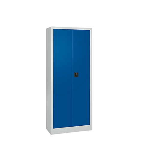 Blauer Stahlschrank mit zwei Türen und schwarzem Griff. Die Rahmen sind weiß.