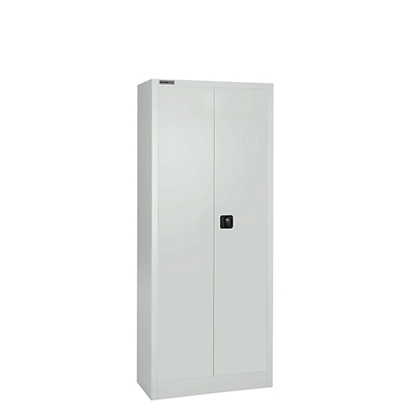 Ein weißer Stahlschrank mit zwei Türen, einem schwarzen Griff und einem grauen Hintergrund.