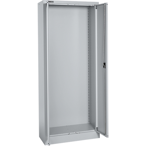 Ein offener, grauer Stahlschrank, dessen rechte Tür geöffnet ist. Der Schrank hat Löcher an den Seiten.