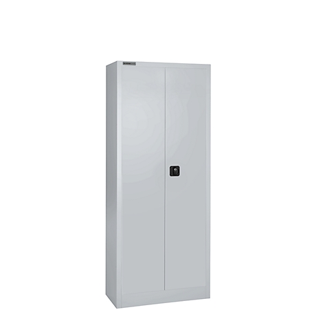 Grauer, hoher Aktenschrank mit zwei Türen, schwarzem Griff und weißem Hintergrund.