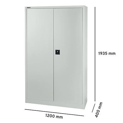 Hellgrauer Aktenschrank, geschlossen, mit schwarzen Griff und Massangaben.