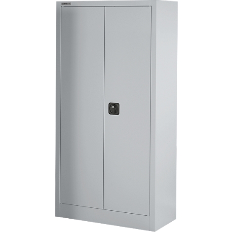 Grauer Aktenschrank mit zwei Türen und einem schwarzen Griff. Schrank steht aufrecht.