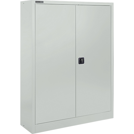 Ein grauer Metallschrank mit zwei Türen und einem schwarzen Griff.