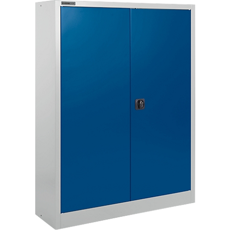 Stahlschrank mit blauen Türen und weißem Rahmen. Ein schwarzer Griff ist in der Mitte der Türen angebracht.