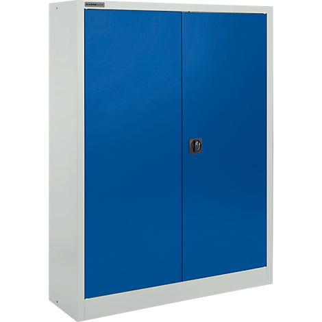 Blaues Stahlschrankschrank mit zwei Türen, schwarzem Griff, vor weißem Hintergrund.