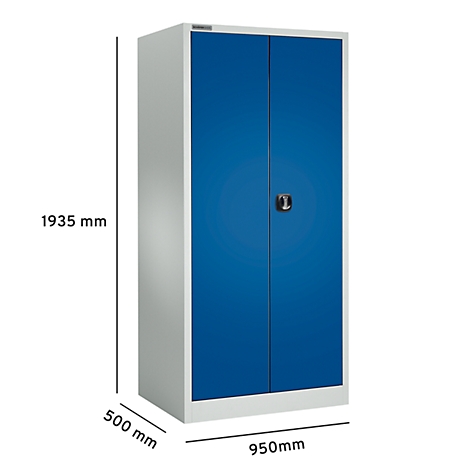 Stahlschrank mit blauen Türen, Schloss und Maßangaben.