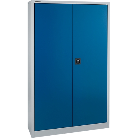 Blauer Schrank mit zwei Türen, schwarzem Griff und silbernem Rahmen.
