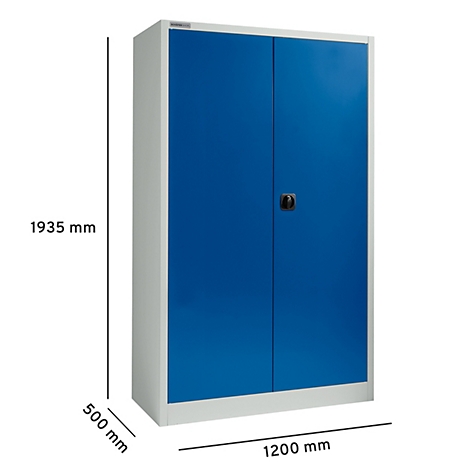 Ein blauer Stahlschrank mit zwei Türen, silbernen Rahmen und schwarzem Griff, Maße sind angegeben.