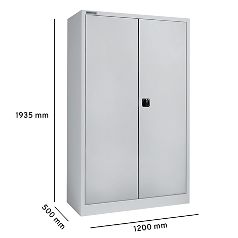 Hellgrauer Aktenschrank mit Doppeltüren und schwarzem Griff. Die Maße sind angegeben: 1935 mm hoch, 500 mm tief, 1200 mm breit.
