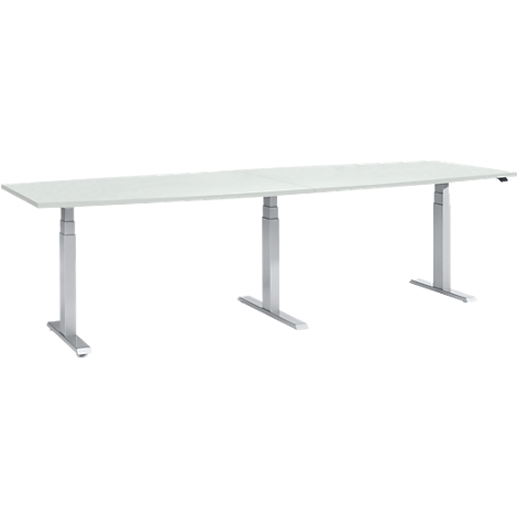 Long, white standing desk with three silver legs. The desk frame is height adjustable.