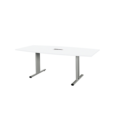 White rectangular conference table with two silver support legs.