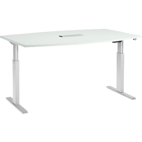 Escritorio blanco regulable en altura con tablero angular y patas plateadas. El tablero tiene un hueco.