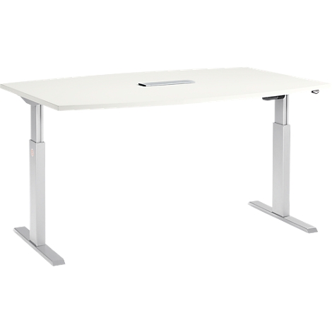 Escritorio blanco ajustable en altura con patas plateadas y encimera rectangular.
