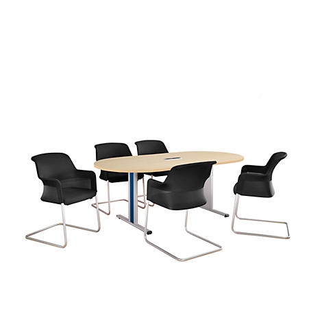 Una mesa ovalada con seis sillas negras sobre fondo blanco.