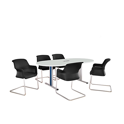 Mesa de conferencia ovalada blanca con sillas negras. La mesa tiene una columna azul, las sillas son voladizas.