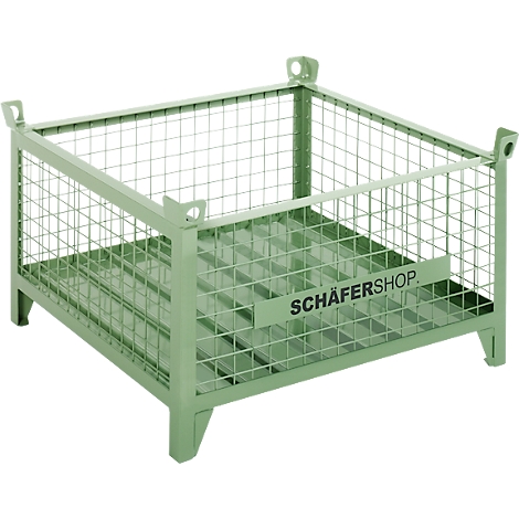 A square, light green metal basket with wire mesh and feet, bearing the inscription SCHÄFERSHOP.