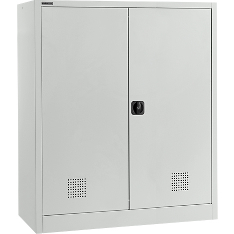 Grijze stalen kast met twee deuren, zwarte handgreep en ventilatiegleuven.