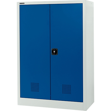 Blau stalen kast met twee deuren, wit frame, handvat en ventilatiesleuven.