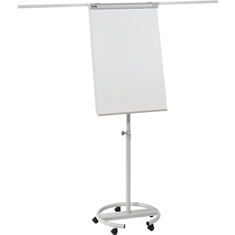 White flip chart on wheels, with adjustable height. A holder for paper rolls is attached above the flip chart.