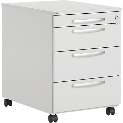 White, rolling file cabinet with three drawers and a key. Black wheels.