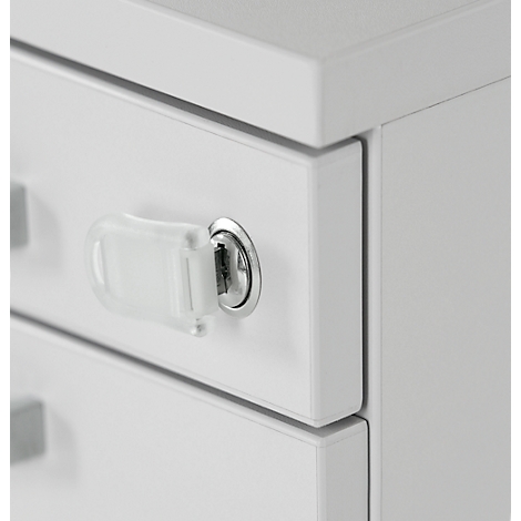 Close-up of a white cabinet with lock and key. A transparent key is in the lock.