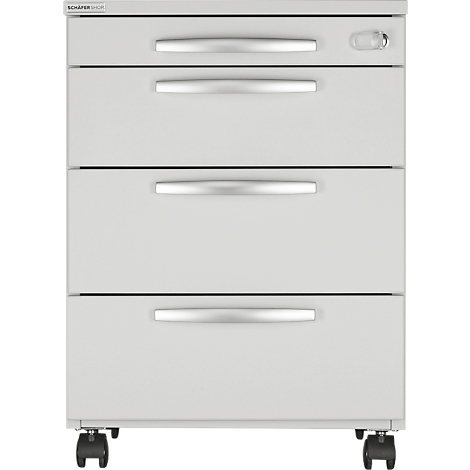 White, rolling filing cabinet with three drawers and silver handles.