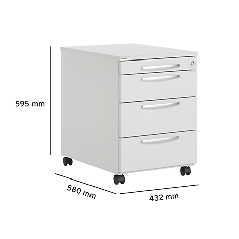 White, rolling office container with three drawers, key and dimensions 595x580x432 mm.