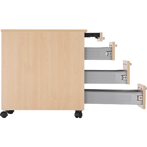Beige-colored mobile pedestal with three open drawers, on the side and with black castors.