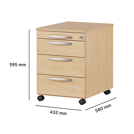 Beige mobile pedestal with three drawers, silver handles and dimensions. Shown are the height 595 mm, width 432 mm, depth 580 mm.